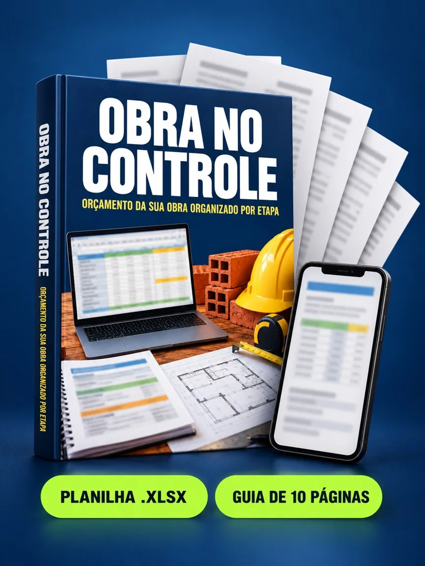 Montagem ilustrativa do Obra no Controle: livro com a capa, páginas do material e celular